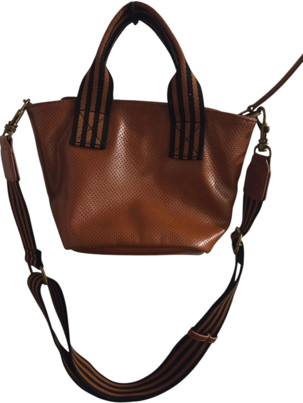 Brown Crossbody Bucket Bag with Striped Strap